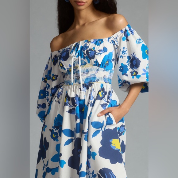 ✨ Anthropologie Off-The-Shoulder Puff-Sleeve Smocked Dress Sz L - Picture 2 of 5